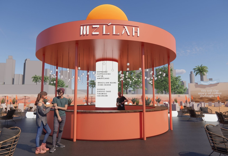 Mzllah - Mystic Mirage is an immersive Emirati-inspired coffee pop-up design by Studio Königshausen in Dubai, United Arab Emirates. Within a 9000 sqm space, desert landscapes are reimagined with vibrant colours, mirrors, and contemporary designs, offering an arty twist to traditional elements.